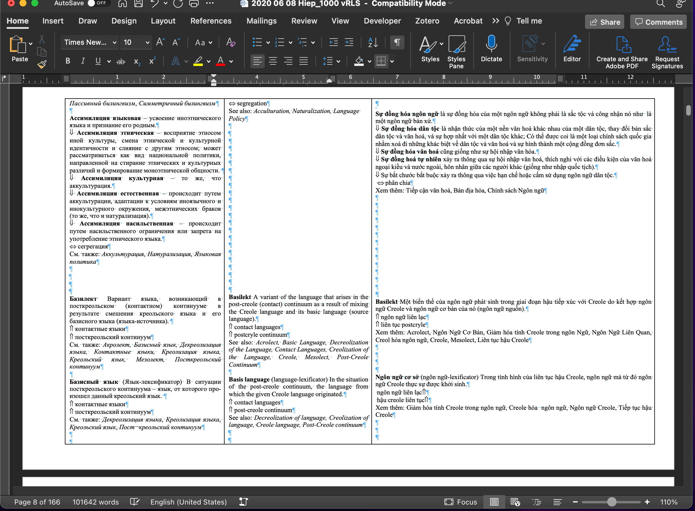 Screenshot of MS Word showing Glossary